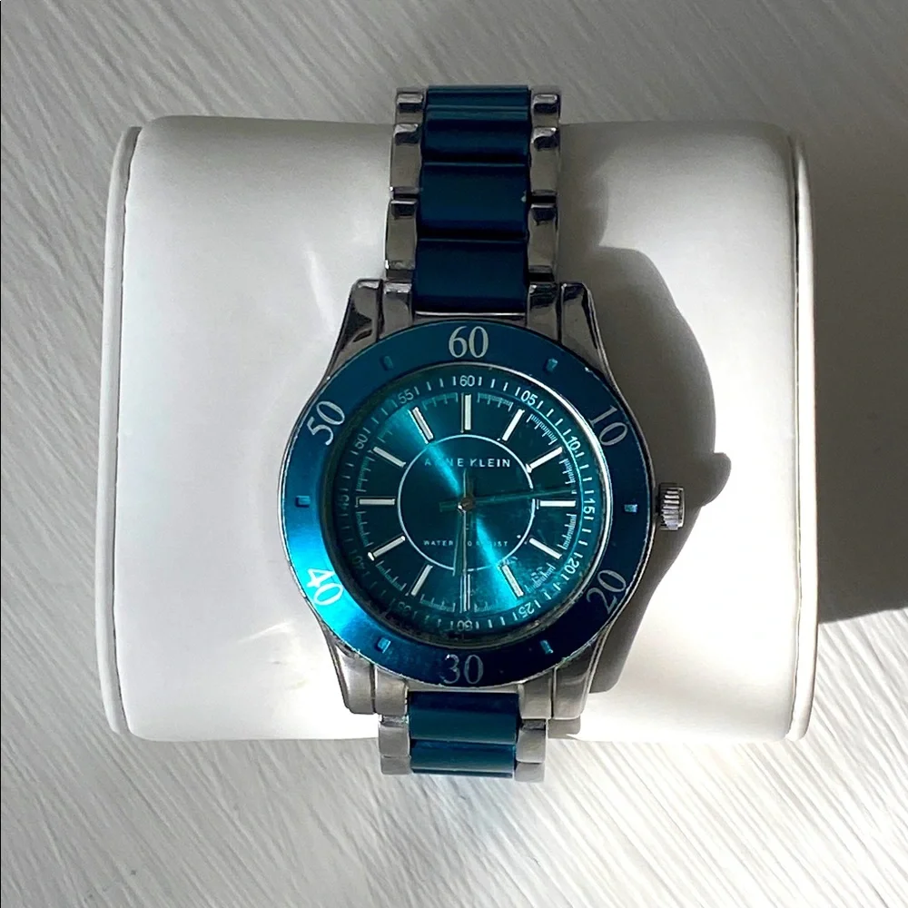 Anne Klein Teal Blue Dial & Enamel Link Silver Tone Sport Bracelet Watch